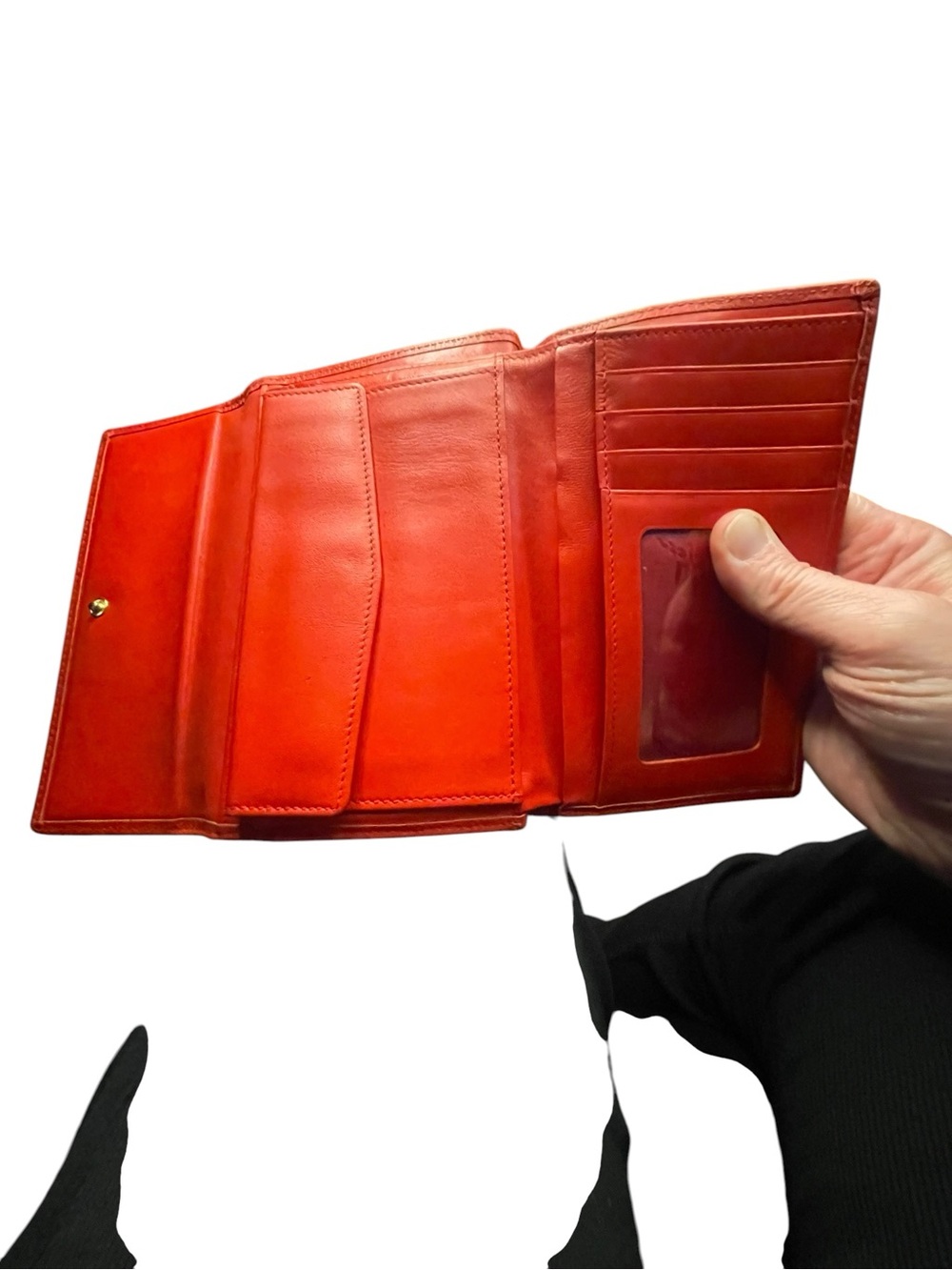Authentic Vintage MCM Red Pebbled Leather Studded Trifold Wallet – Gold Hardware - Picture 6 of 9